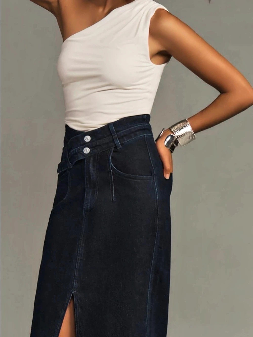 NWT Anthropologie Pilcro The Arden Double-Waist Midi Skirt Black Size 10